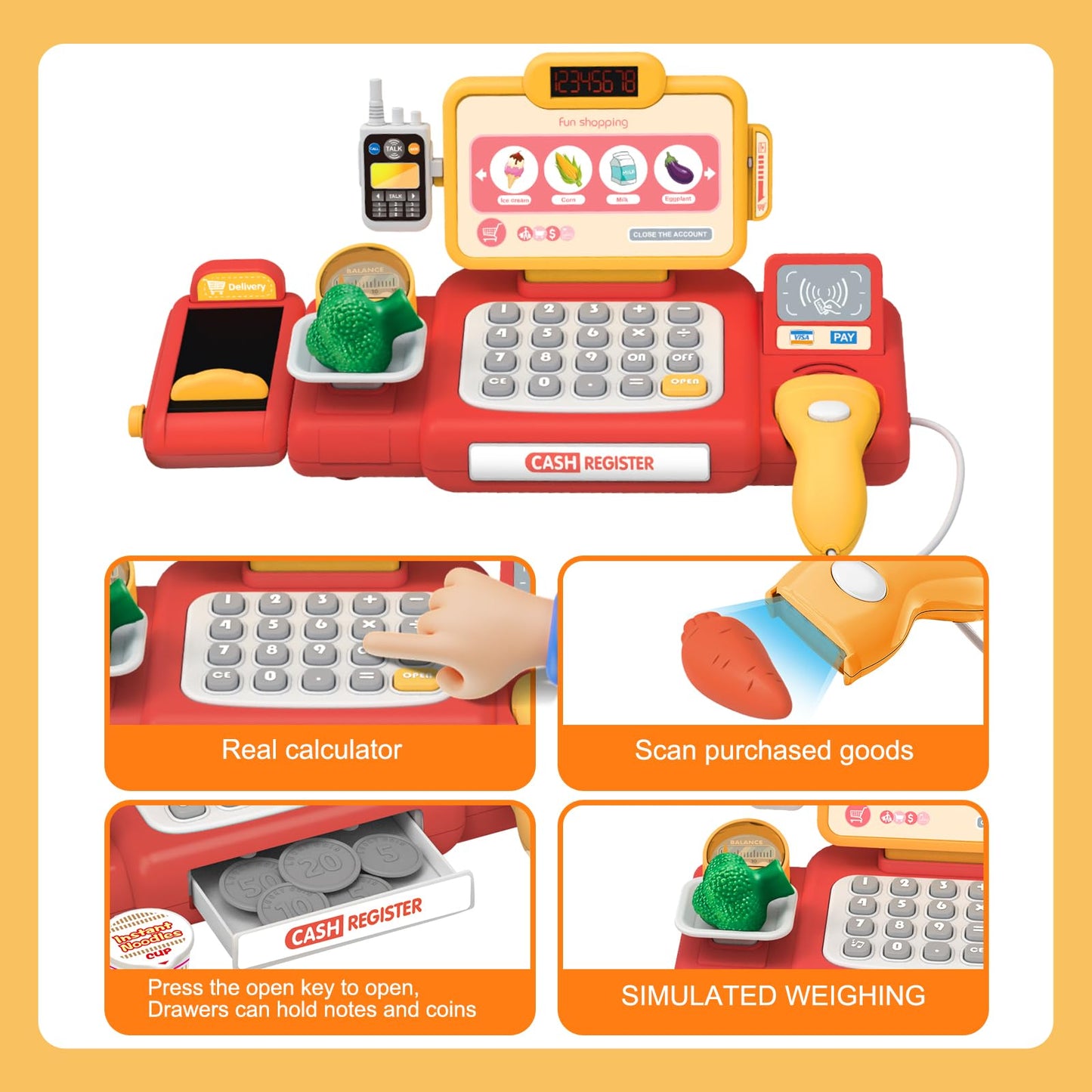 Yalujumb Kids Shopping Cart Trolley Play Set And Pretend Play Calculator Cash Register Toy With Pretend Food And Accessories,Per