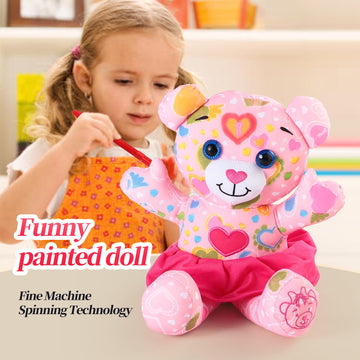 Drawmytoy Coloring Plush Toy With 5 Washable Markers For Little Girls Doodle Dolls For Kids Ages 4-6 Birthday (Pink Bear)