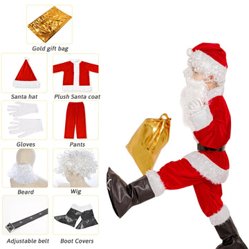Novint Childrens Santa Suit Costume For Kids Red Deluxe Velvet Santa Suit Halloween Christmas Party Cosplay Costome (9Pcs) (L, R