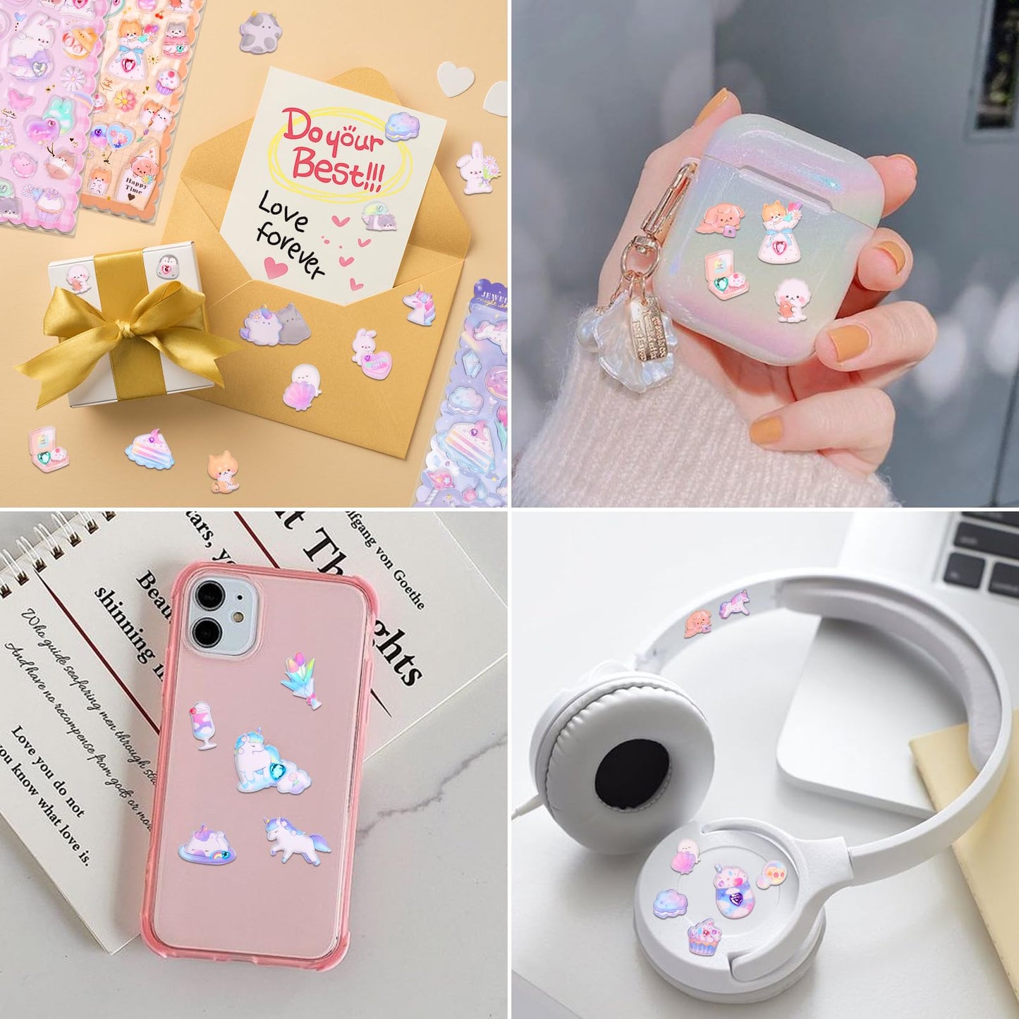Shangrla Kawaii Puffy Stickers For Girls Kids,Cute 3D Textured Squishies Puffer Sticker Set For Notebook Stationary,Japanese Puff Large Stickers With Gem Embedded For Adults Teens,6 Sheets.
