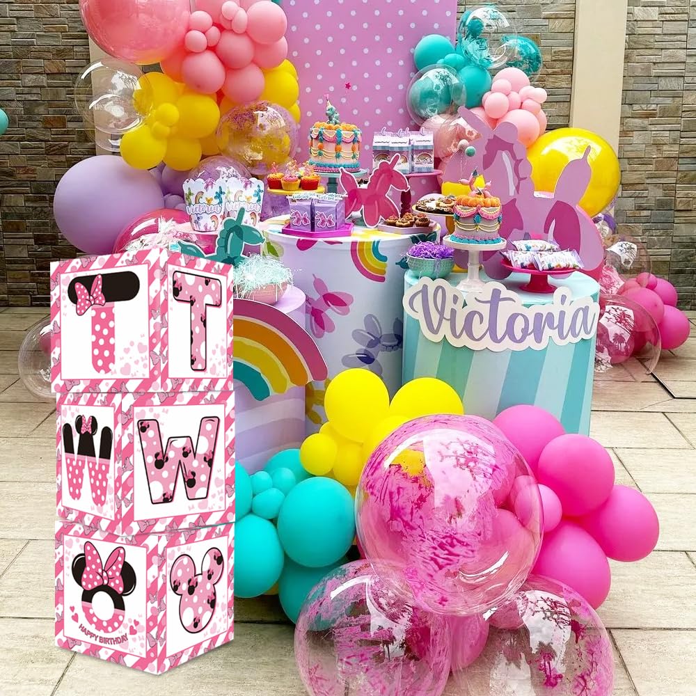 Toniful Pink Mouse 2Nd Birthday Party Supplies Pink Balloon Box With Letters