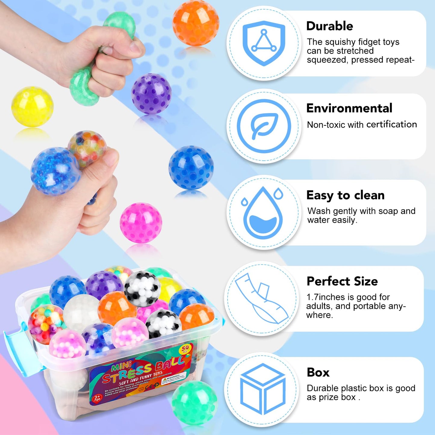 54Pack Stress Balls, Squishy Toys, Squishy Squeeze Balls Bulk Fidget Toys For Adults Squishy Balls Stress Relief Toys, Party Fav