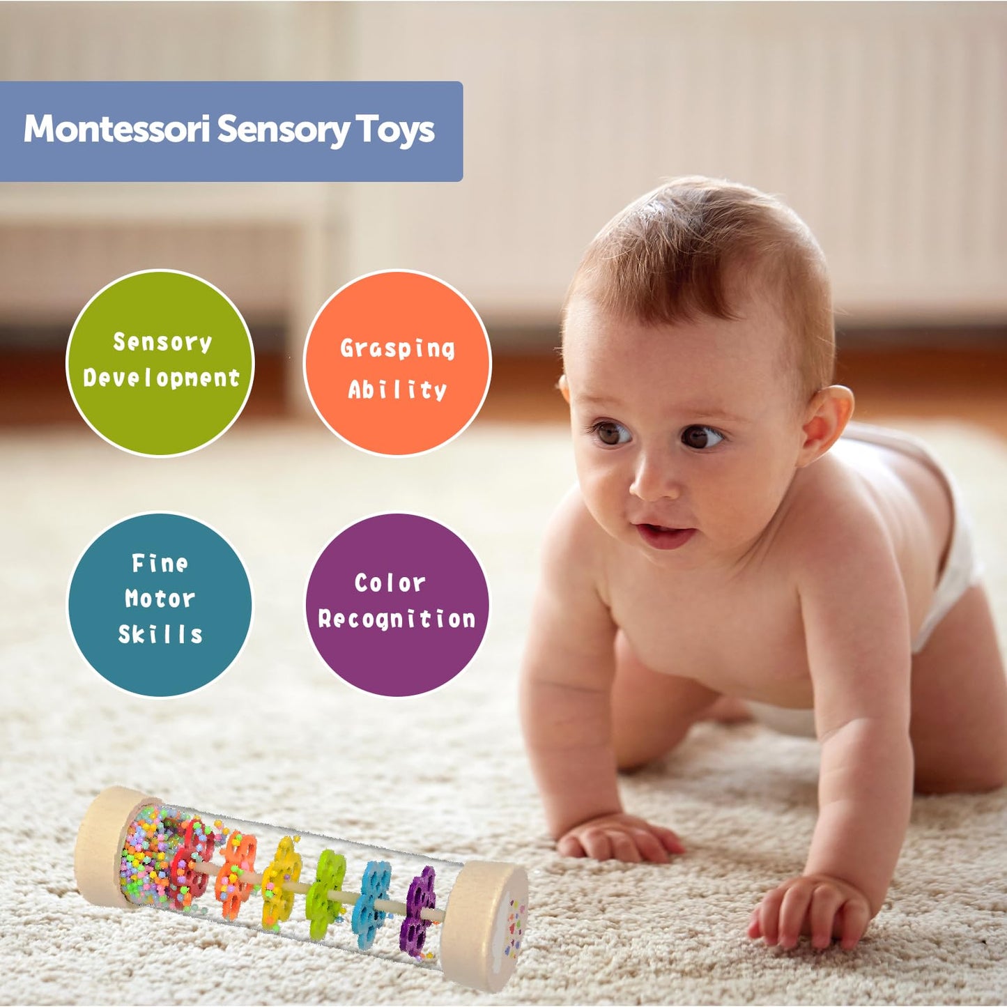 Greseesm Rain Stick, 7.7 Wooden Rainmaker Montessori Toys For Baby 6-12 Months, Baby Rattle Sensory Development Toys, Infant