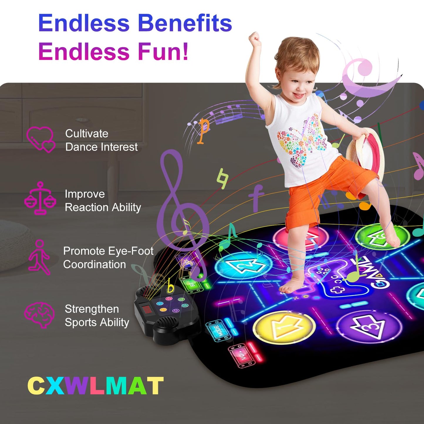 Cxwlmat 2025 Upgraded Kids Dance Mat For 3 4 5 6 7 8+ Year Old, Rechargeable Light Up Girls Dance Mats With Large Capacity Batte