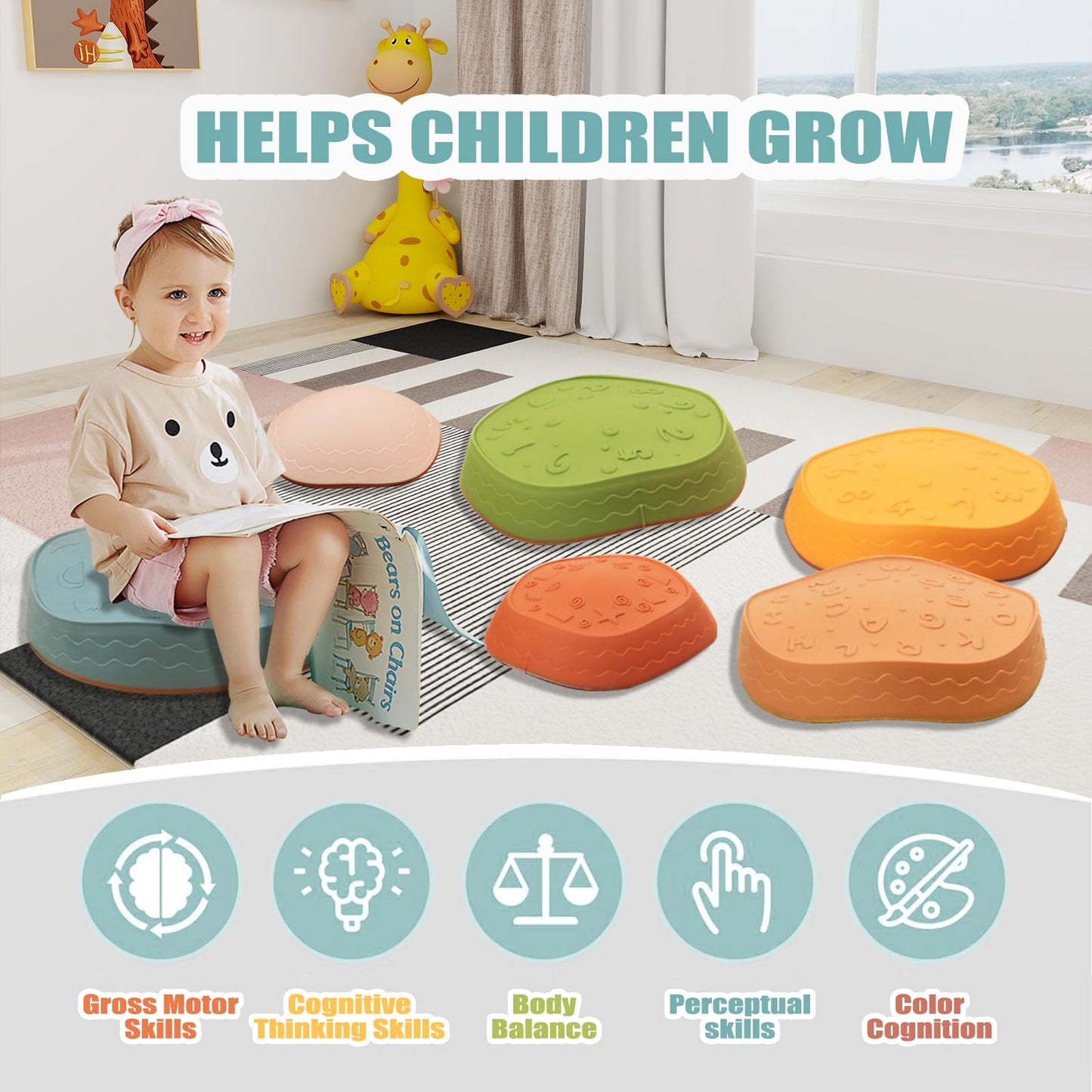 Fanboxk Stepping Stones for Kids, Non-Slip Plastic Toys, 6Pcs Vintage Color, Balance Coordination for Ages 3-8