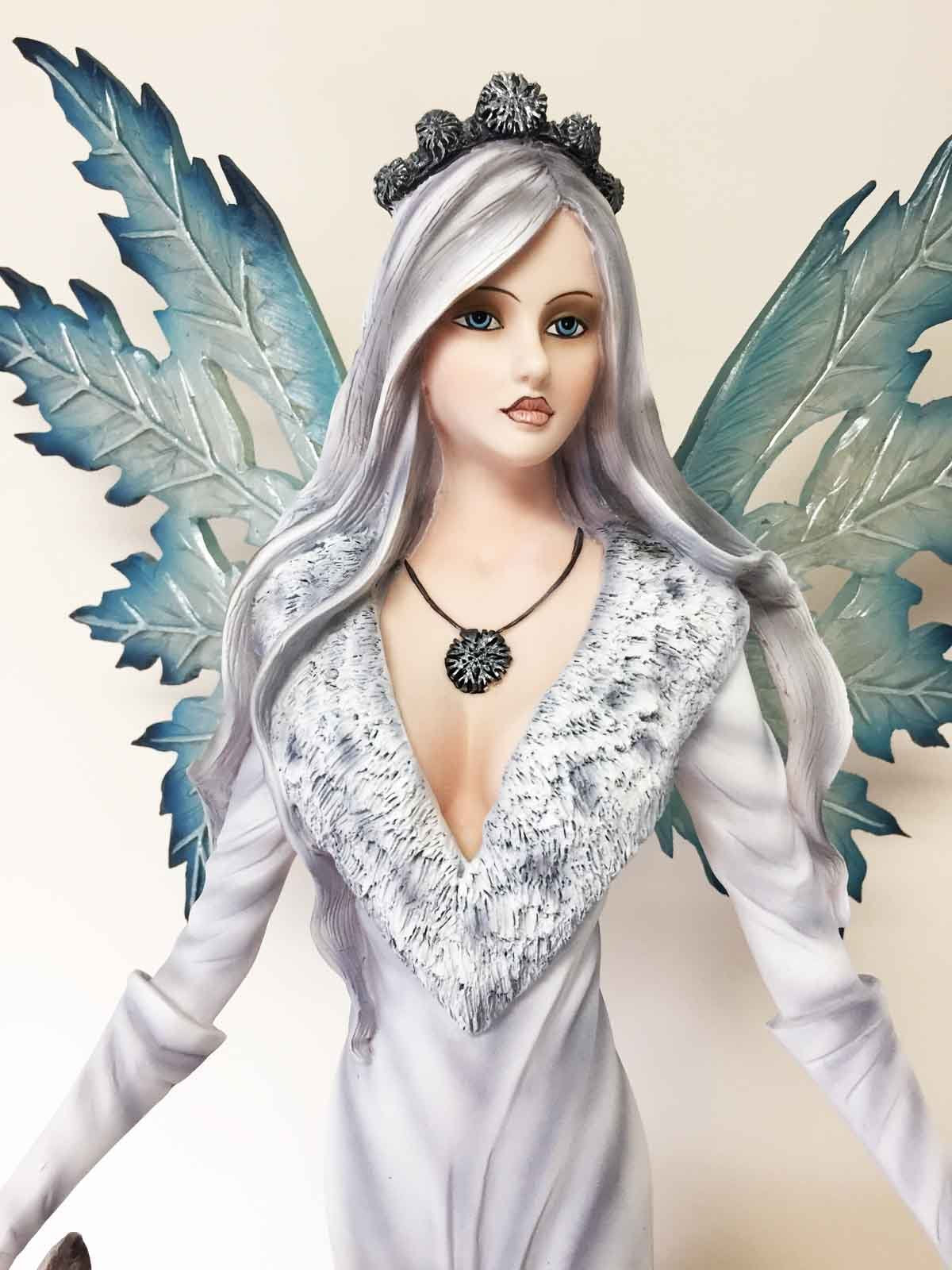 Large 23' Tall Blizzard Frost Flake Fairy With Two Snow Pet Wolves Statue Figurine