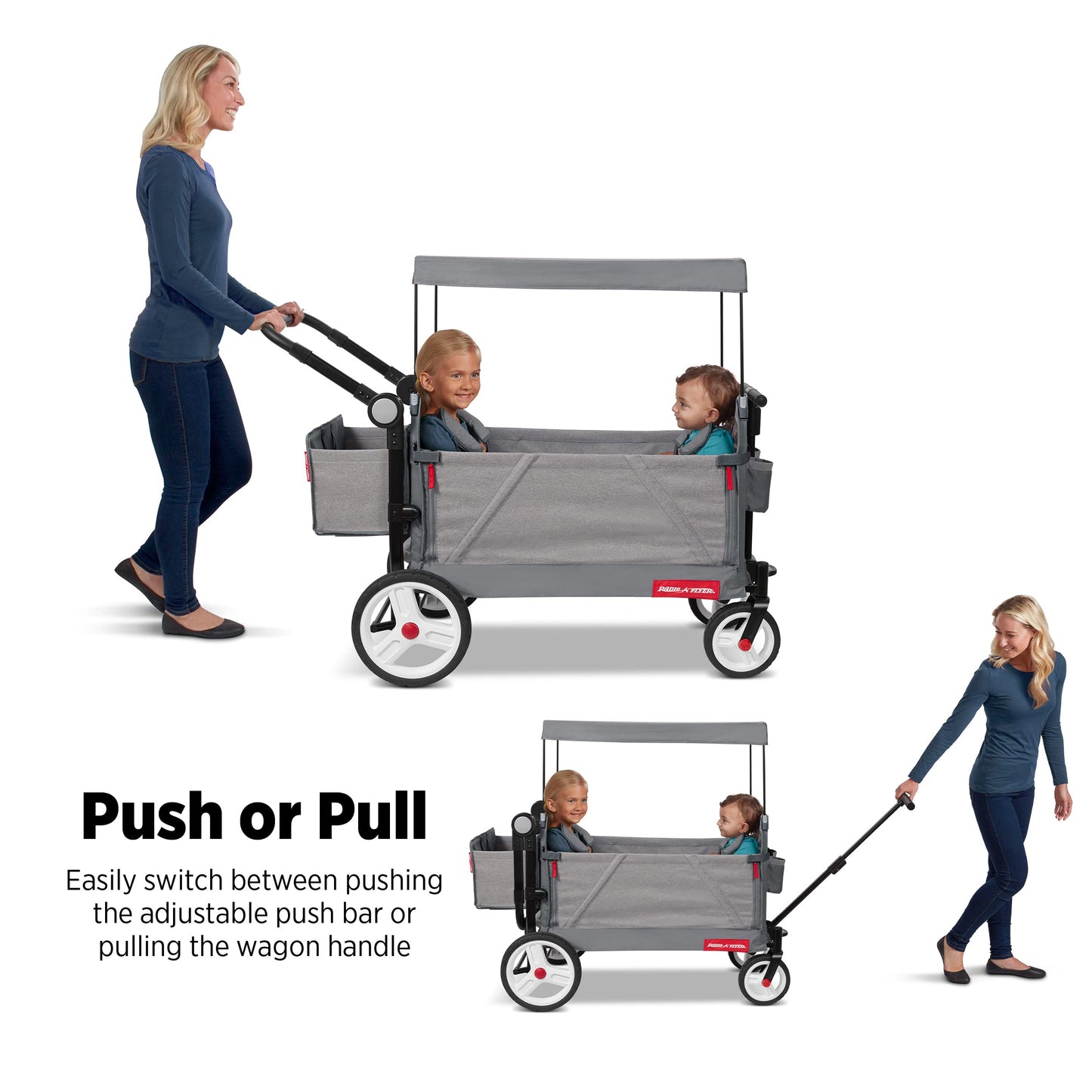 Radio Flyer Odyssey Stroll 'N Wagon, Grey Push Wagon With Canopy And Bag, 1+ Years