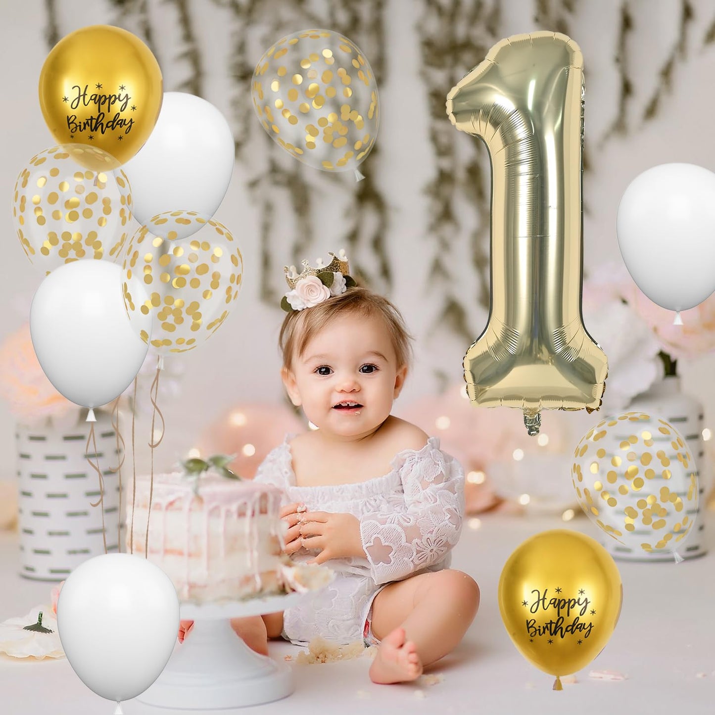 40 Inch Light Gold Number 1 Balloon, 1St Birthday Balloons, Confetti Balloons Gold Birthday Print White Latex Balloons Giant 1 F