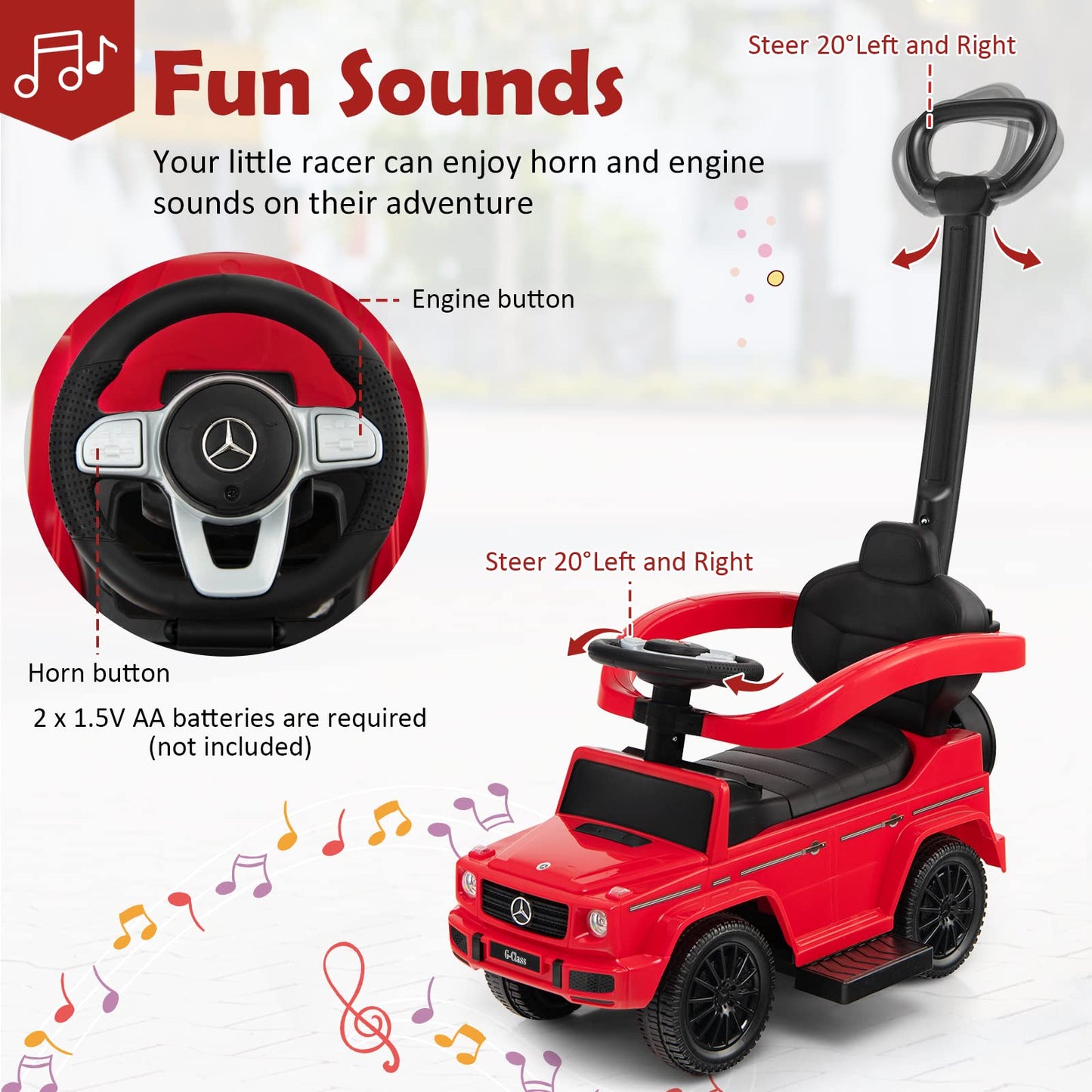 Costzon Push Car For Toddlers, 3 In 1 Mercedes Benz Stroller Sliding Walking Car W/Canopy, Handle, Armrest Guardrail, Underneath Storage, Horn, Foot-To-Floor Ride On Toy For Boys Girls, Red