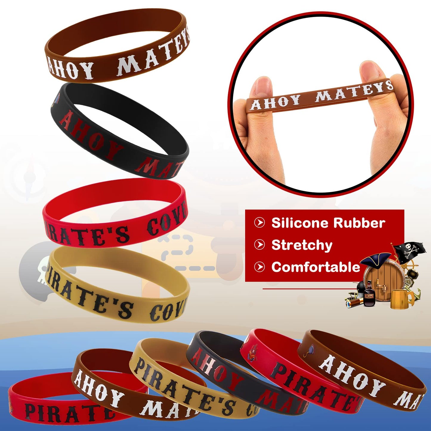 Leitee 48 Pcs Pirate Rubber Bracelets Pirate Party Wristbands Pirate Theme Party Silicone Wristbands Pirate Party Supplies Favor