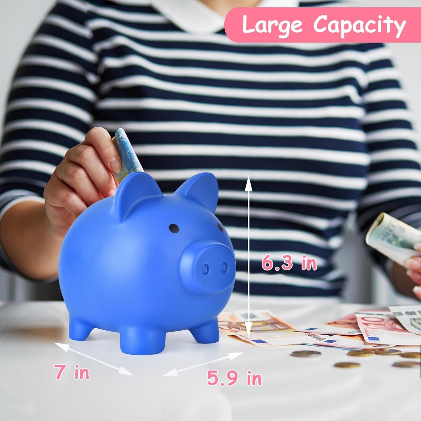 Pjdrllc Large Piggy Bank, Unbreakable Plastic Money Bank, Coin Bank For Girls And Boys, Large Size Piggy Banks, Practical Gifts For Birthday, Easter, Christmas (Dark Blue)
