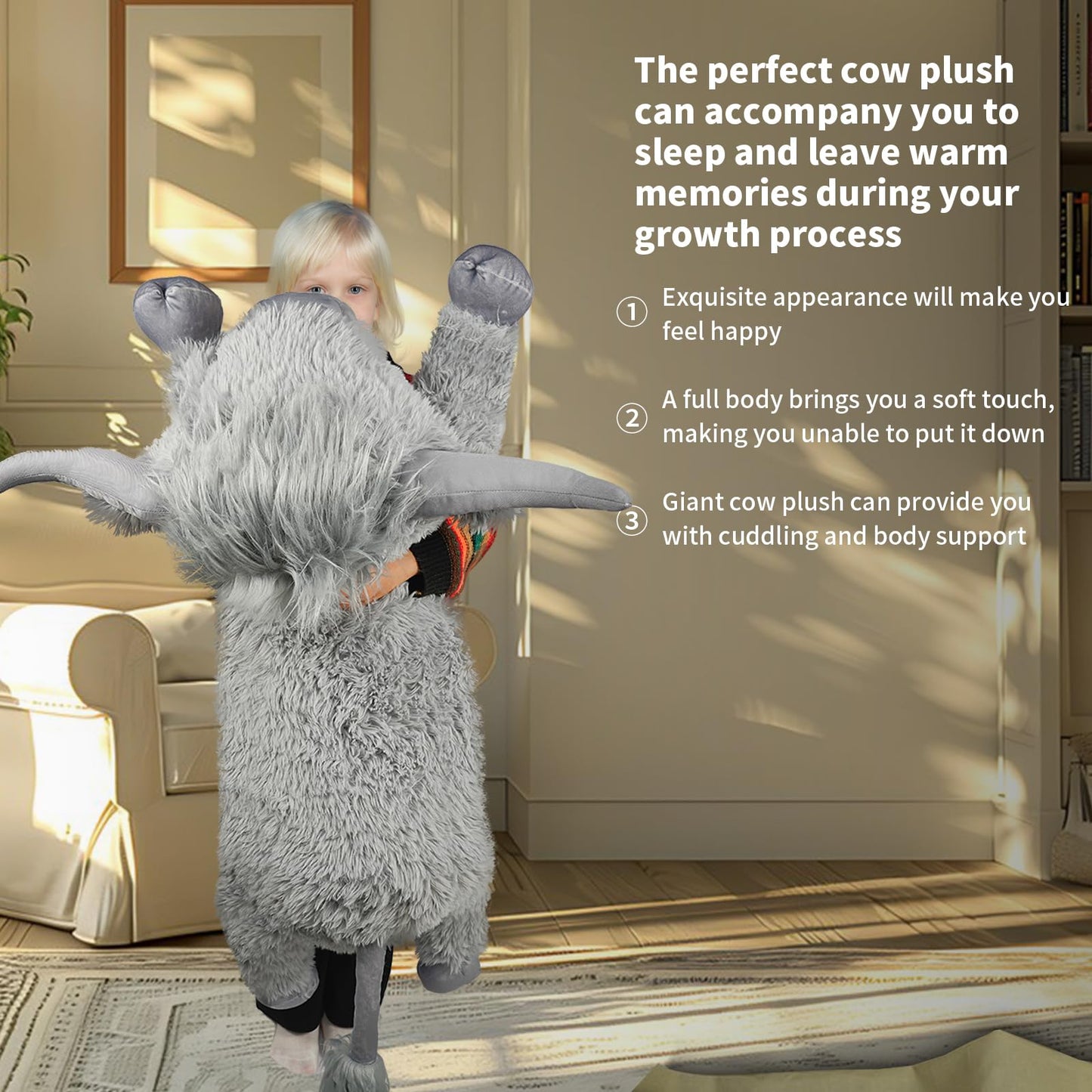 Wdxdsob Highland Cow Stuffed Animal - 38.5'' Grey Giant Cows Plush Toy Gift For Kids & Adults, Cattle Decorations Pillows Living