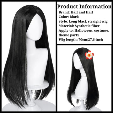Half and Half Long Straight Black Kids Wig with Flower Clip, 27.6'' Synthetic Hair for Girls Toddler Cosplay & Halloween