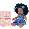 Nice2you 10" Black Baby Doll - Realistic Silicone Doll with Curly Hair, Dress, Ideal for Girls Aged 1-5, Model Blue01