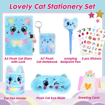 YOYTOO Cat Gifts for Girls - Plush Toys with Secret Diary, Pen, Eye Mask & Stickers for Kids Age 5-12, C18 Blue Cat