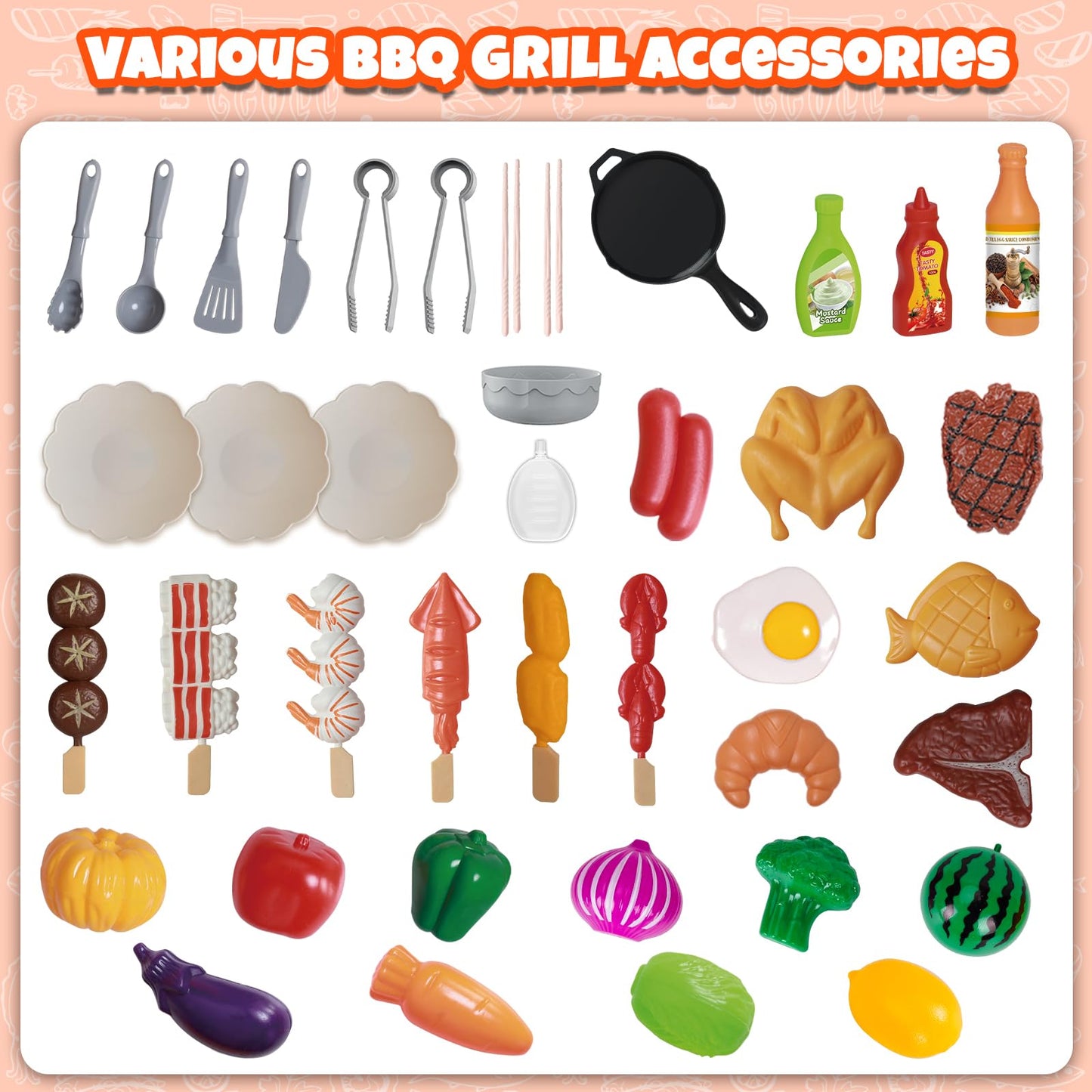 68 Pcs Toy Bbq Grill Set For Kids, With Light, Sound & Play Food, Kids Grill Playset Kitchen Toys Set, Birthday Gifts For 2-6 Ye