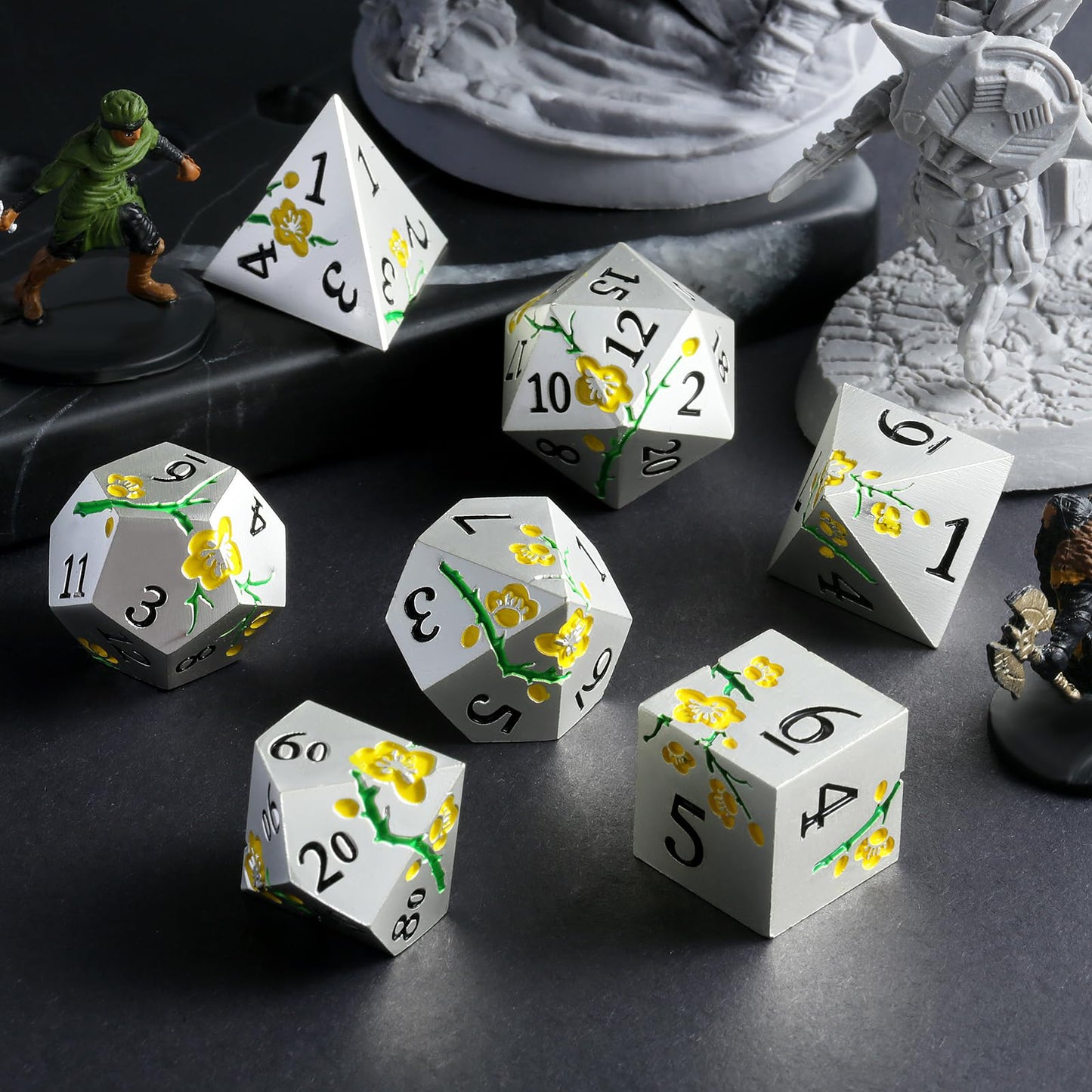 Silver Metal DND Dice, DNDND 7 PCS Heavy Flower Metallic D&D Dice Set with Grogeous Gift Case for Dungeons and Dragon Tabletop G