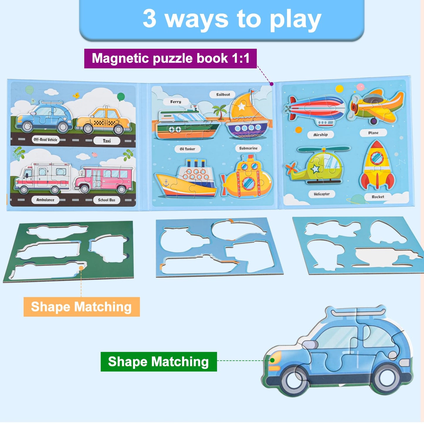 ASTARON 3D Magnetic Puzzle with 60 Puffy Stickers for Toddlers, 51 Pieces 3-in-1 Traffic Puzzles Preschool Education Learning Tr