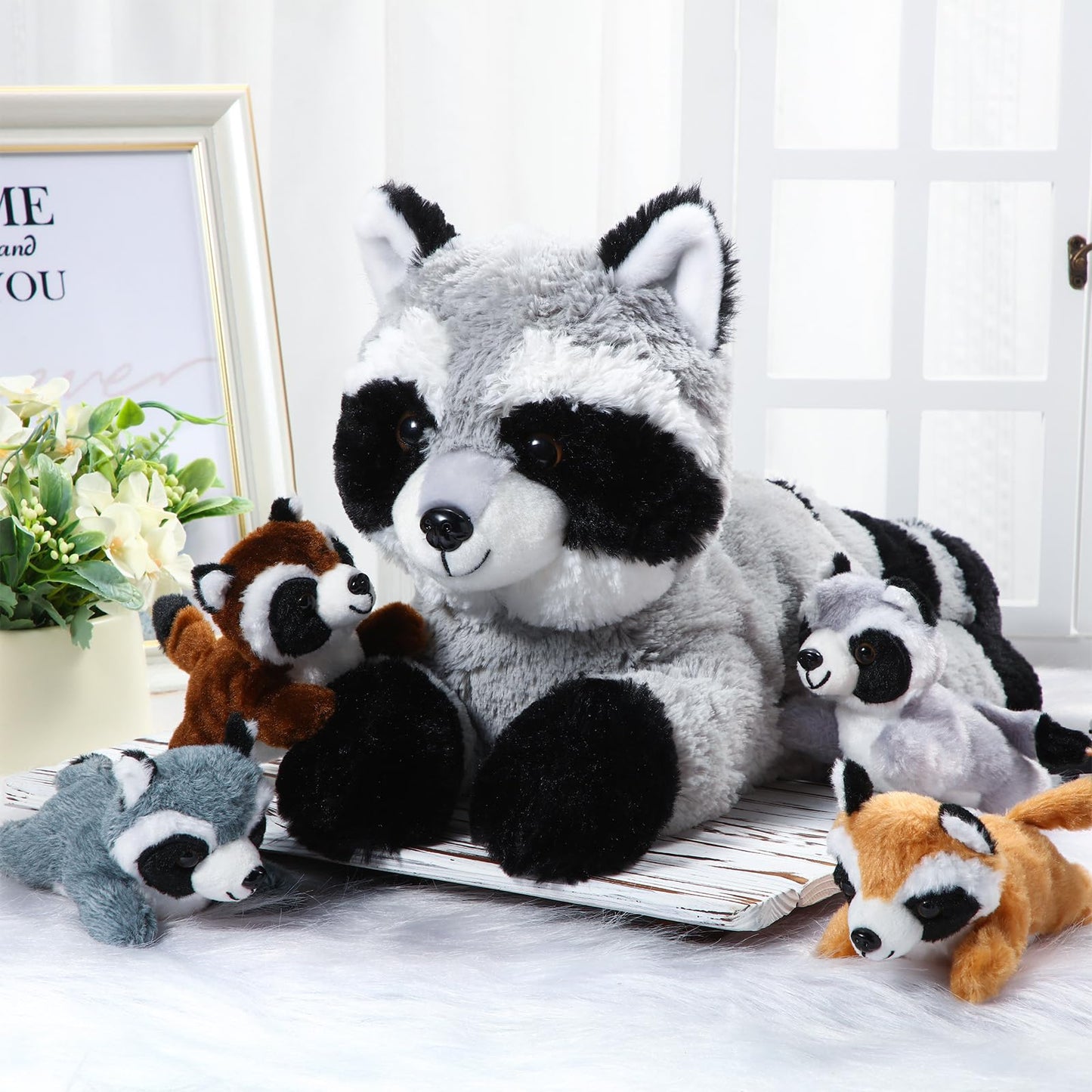Harrycle 5 Pcs Raccoon Stuffed Animal Set Adorable Mommy Raccoon Plush With 4 Cute Baby Coons In Tummy Soft Cuddly Raccoon Plush
