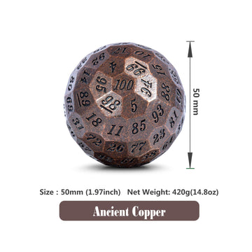 DNDND Ancient Copper Metal D100 Dice Single 100 Sided 50mm Polyhedral Dice with Metal Case and Velvet Pouch(Ancient Copper with
