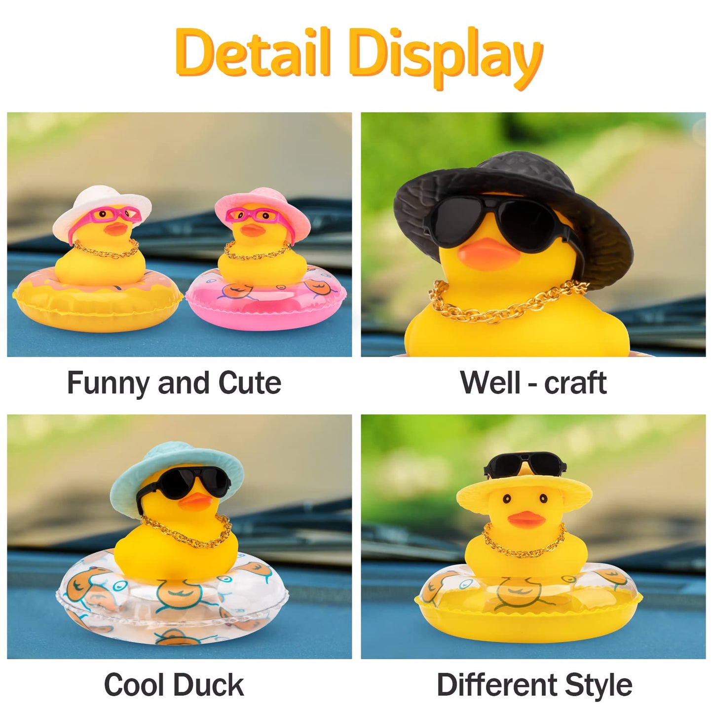 Wonuu Car Rubber Duck, Yellow Duck Decoration Dashboard With Sun Hat Swim Ring Necklace Sunglasses For Car Dashboard Decorations, Black Top Hat-Transparent