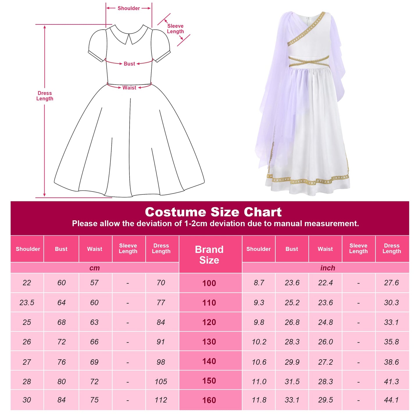 Relibeauty Kids Greek Goddess Gostume Girls,4T-4/110