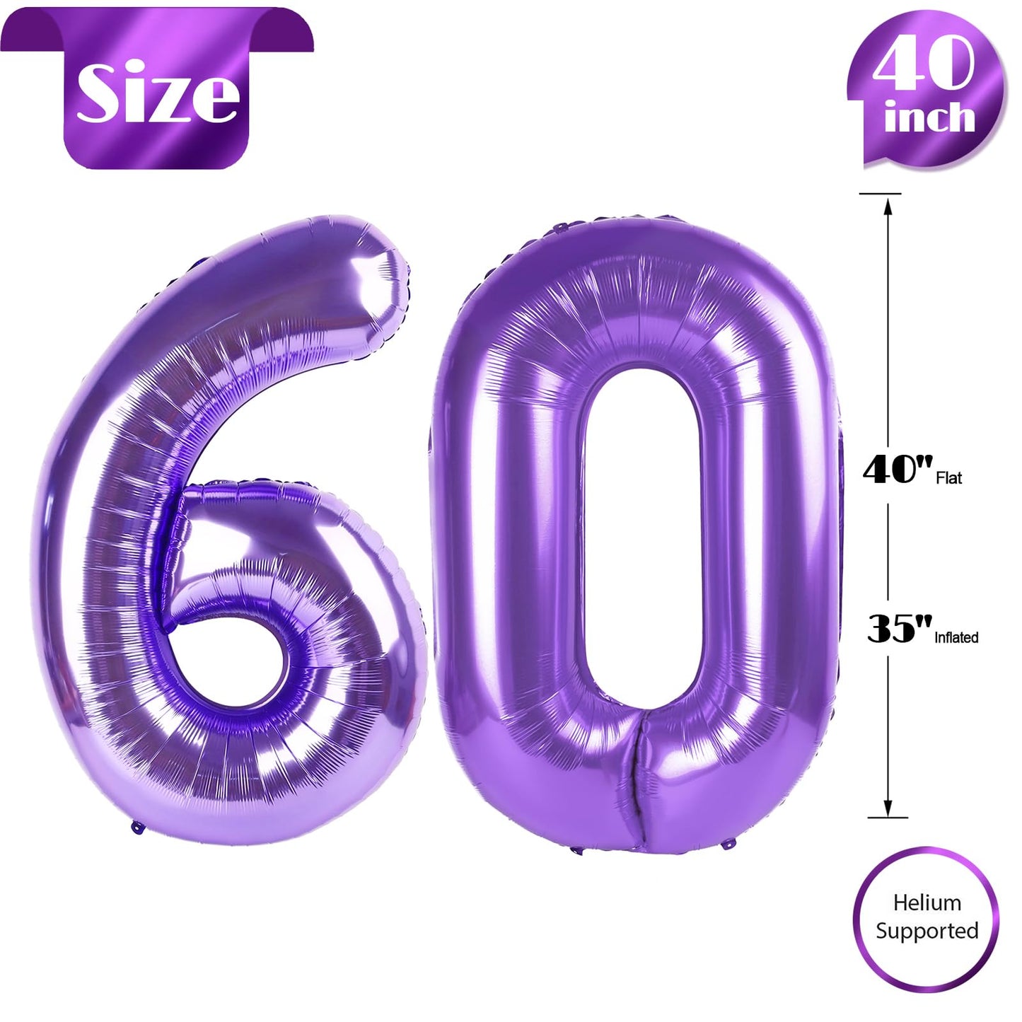 60 Balloon Number, Purple Number 60Th Birthday Balloons 40 Inch, 60 Years Old Purple Birthday Decorations For Men Women, 60Th An