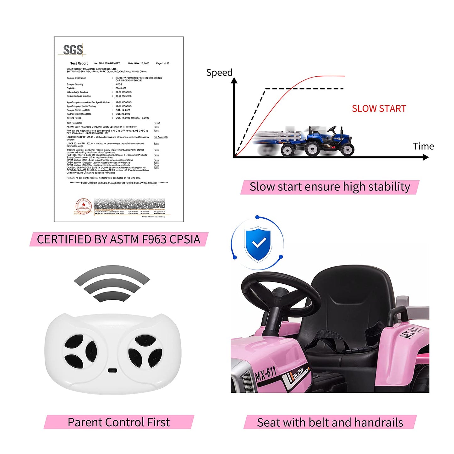 Nasitip 12V Kids Battery Powered Electric Tractor With Trailer, Toddler Ride On Car W/Remote Control/ 7-Led Headlights/ 2+1 Gear
