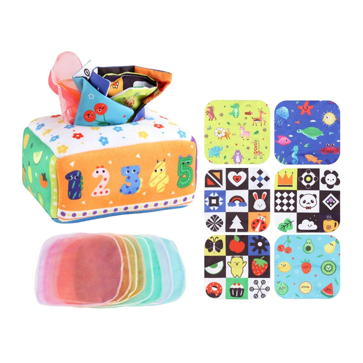 Urjix Pull Along Tissue Box Sensory Toy Busy Pull Tissues For Toddler Infant Baby Number