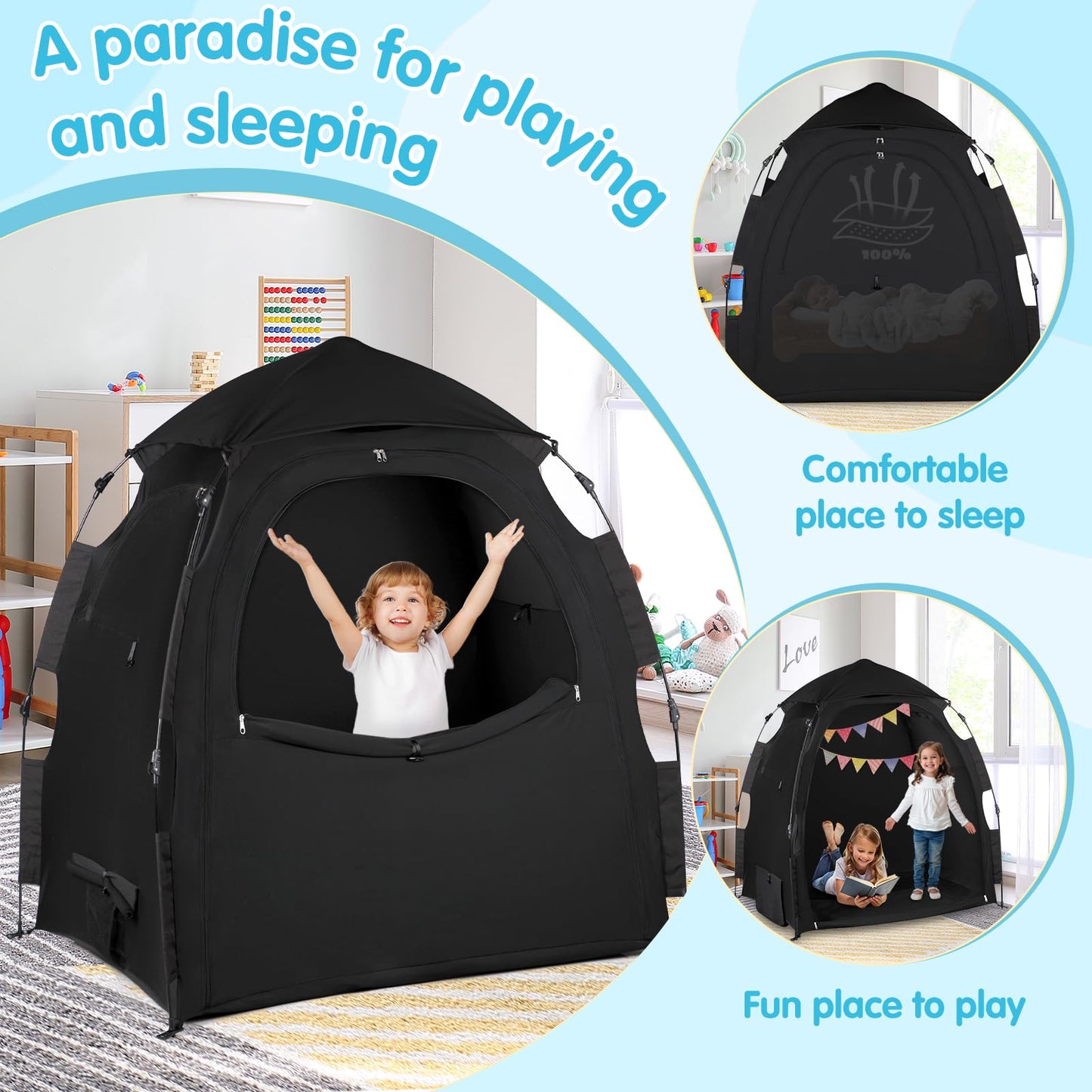WANRU Blackout Tent for Pack and Play - One-Click Opening, 95% Light Blocking, Black, Breathable Polyester Cover