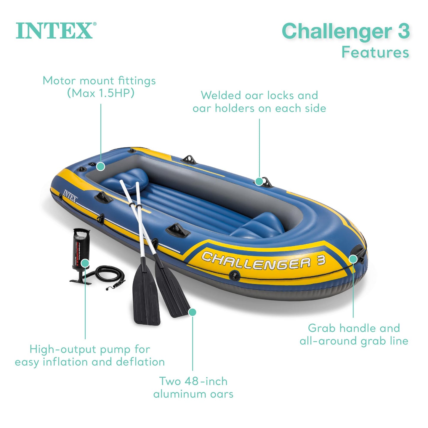 Intex 68370EP Challenger 3 Inflatable Boat Set: Includes Deluxe 48in Boat Oars and High-Output Pump - Triple Air Chambers - Weld