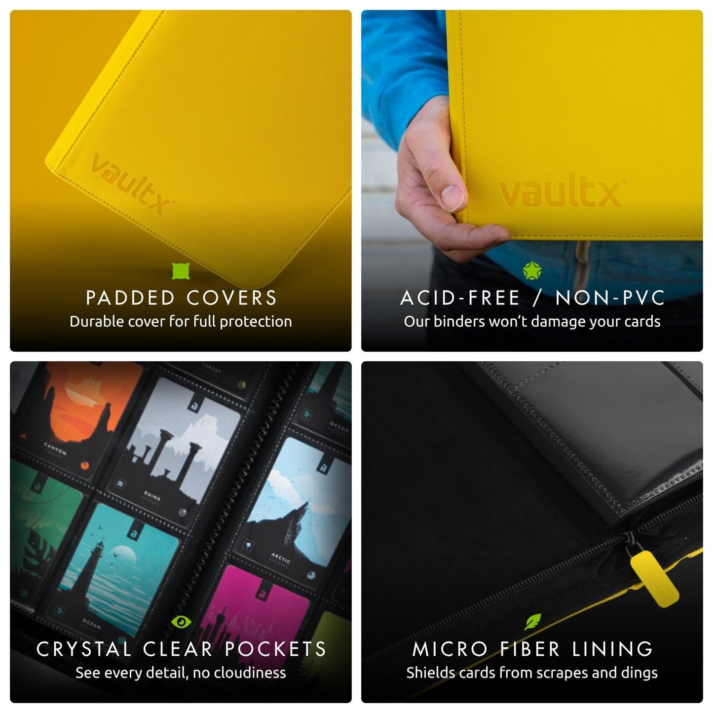 Vault X 9 Pocket Trading Card Zip Binder 360 Cards enhanced Exo-Tec Album Material 20 Side-Loading Pages Folder for Collectible Games Sports TCG (Yellow)