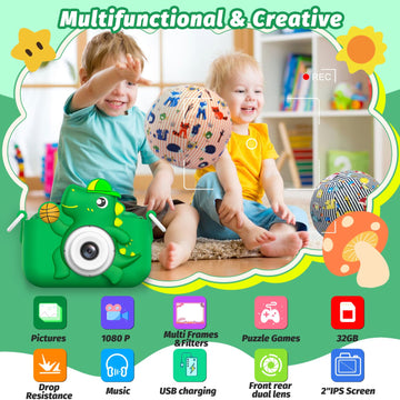 masterbee Kids Digital Camera Toy H30, 1080P HD, Green, Eco-friendly Silicone, Gifts for Ages 3-12, Dinosaur Design