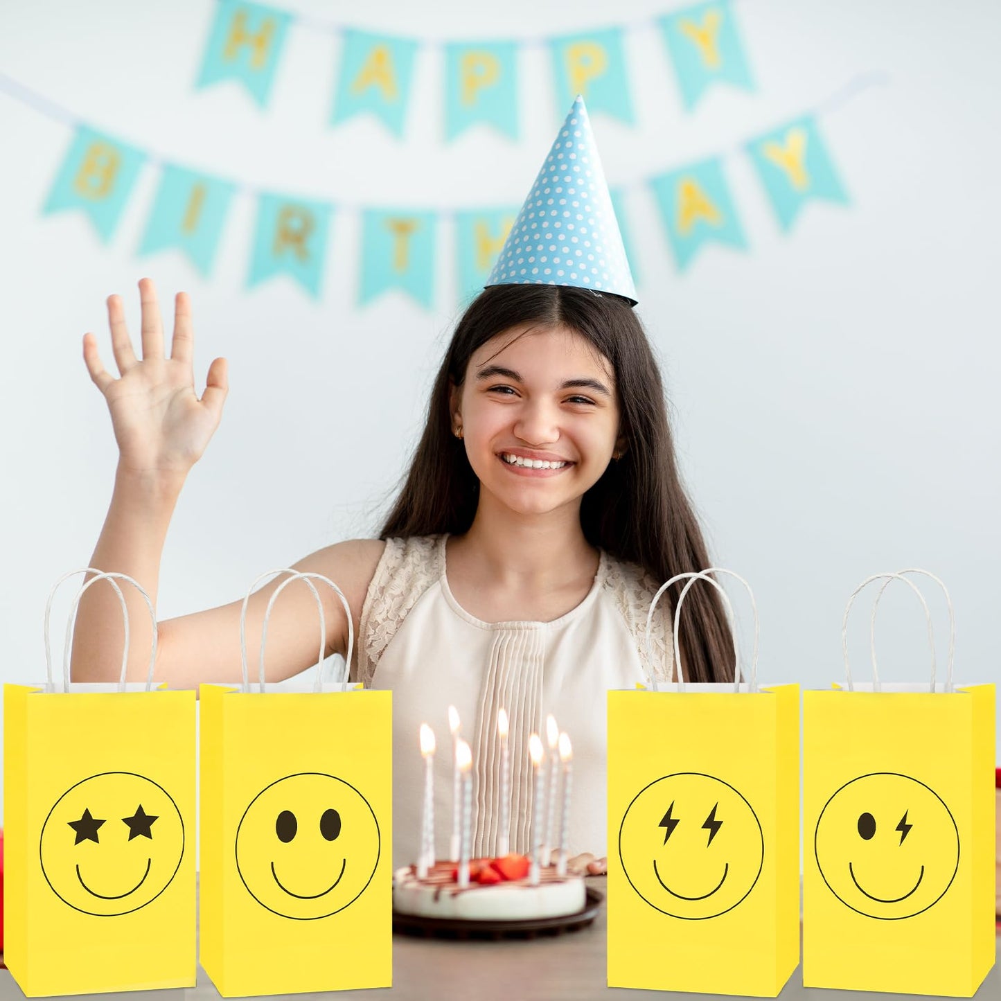 16Pcs Smile Face Gift Paper Bags Smile Face Party Supplies Preppy Party Favors Bags Yellow Smile Face Party Goodie Bags Preppy Party Decor Party Decorations For Bachelorette Birthday Baby Shower