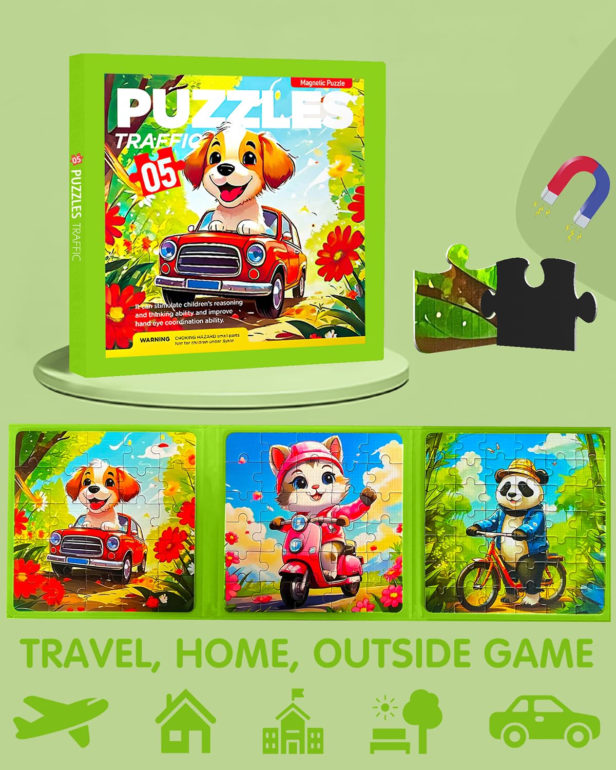 Magnetic Puzzles for Kids Ages 4-8, 3 in 1 Toddler Travel Puzzles, Animal Car Activities Toy for Boys Girls 4-6, Preschool Learn