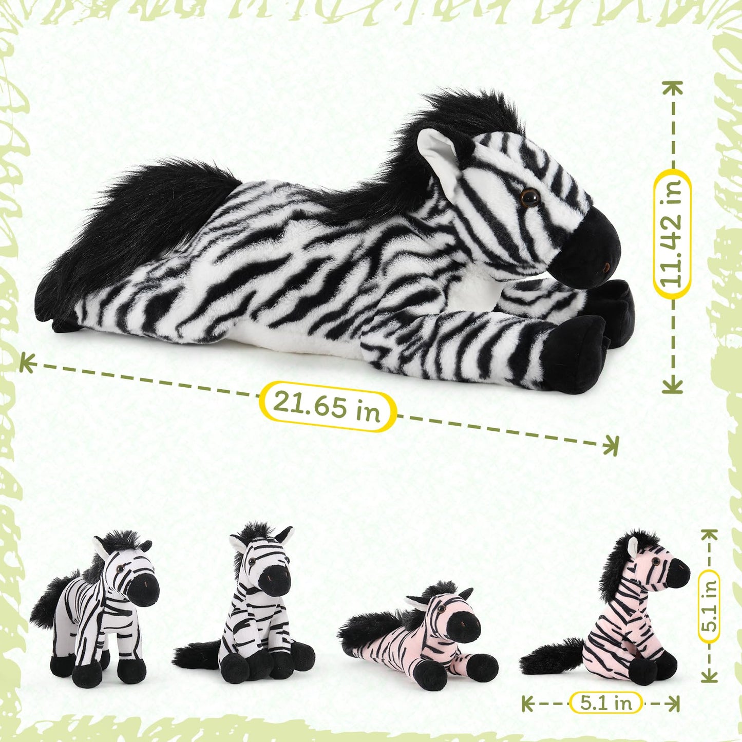 Tezituor 5pcs Wildlife Zebra Stuffed Animals Set, 25" Realistic Plush Toys for Kids, White Polyester Birthday Gift Decoration