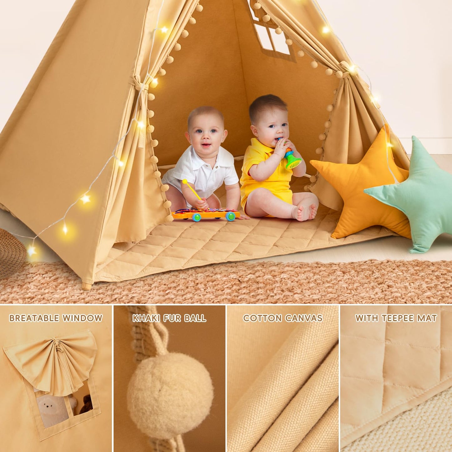 WIRHAO Teepee Tent for Kids with Mat, Cotton Canvas Kids Teepee with Pompom for Toddlers Indoor Play Tent for Girls Boys with St
