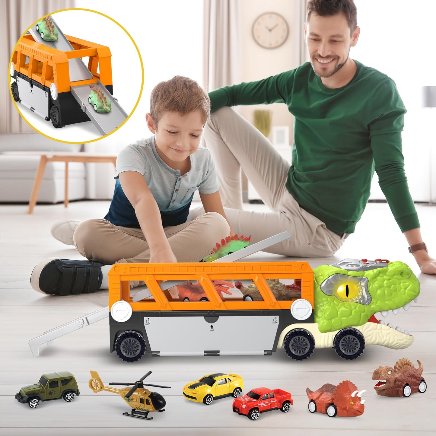 SpringFlower 11 in 1 Dinosaur Toys, Dinosaur Toys for Kids 3-5, Dinosaur Truck with 10 Pull Back Cars, Toddler Boy Toys Age 3 4