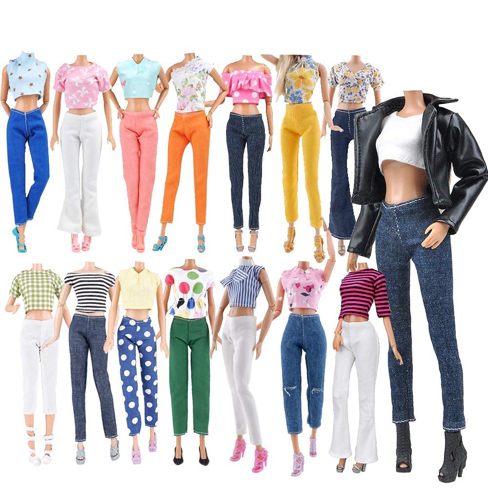E-Ting Lot 15 Items = 5 Sets Doll Clothes With 10 Pair Shoes Accessories For 11.5 Inch Girl Doll Outfits Random Style(Leather Jacket + Casual Wear)