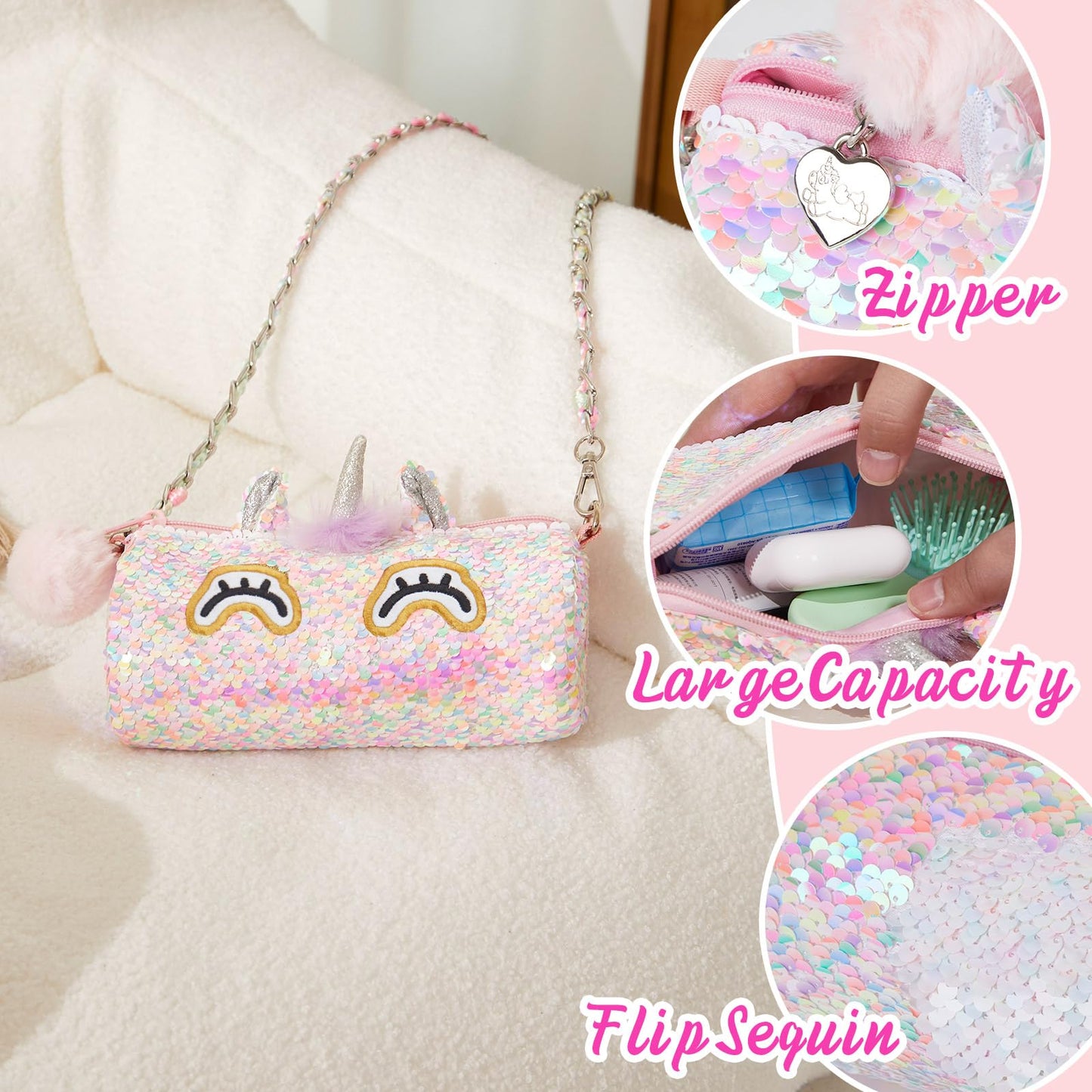 Cozyworld Unicorn Purse Flip Sequin Fashion Handbags For Girls Kids Plush Animal Shaped Purse, Easter Basket Stuffer Gifts Ages