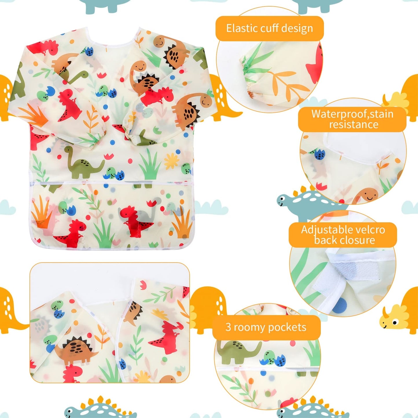 Cubaco 2 Pack Toddler Paint Smocks, Lovely Dinosaur Pattern Art Smocks Toddler Apron Kids Paint Smock Toddler Smocks For Paintin