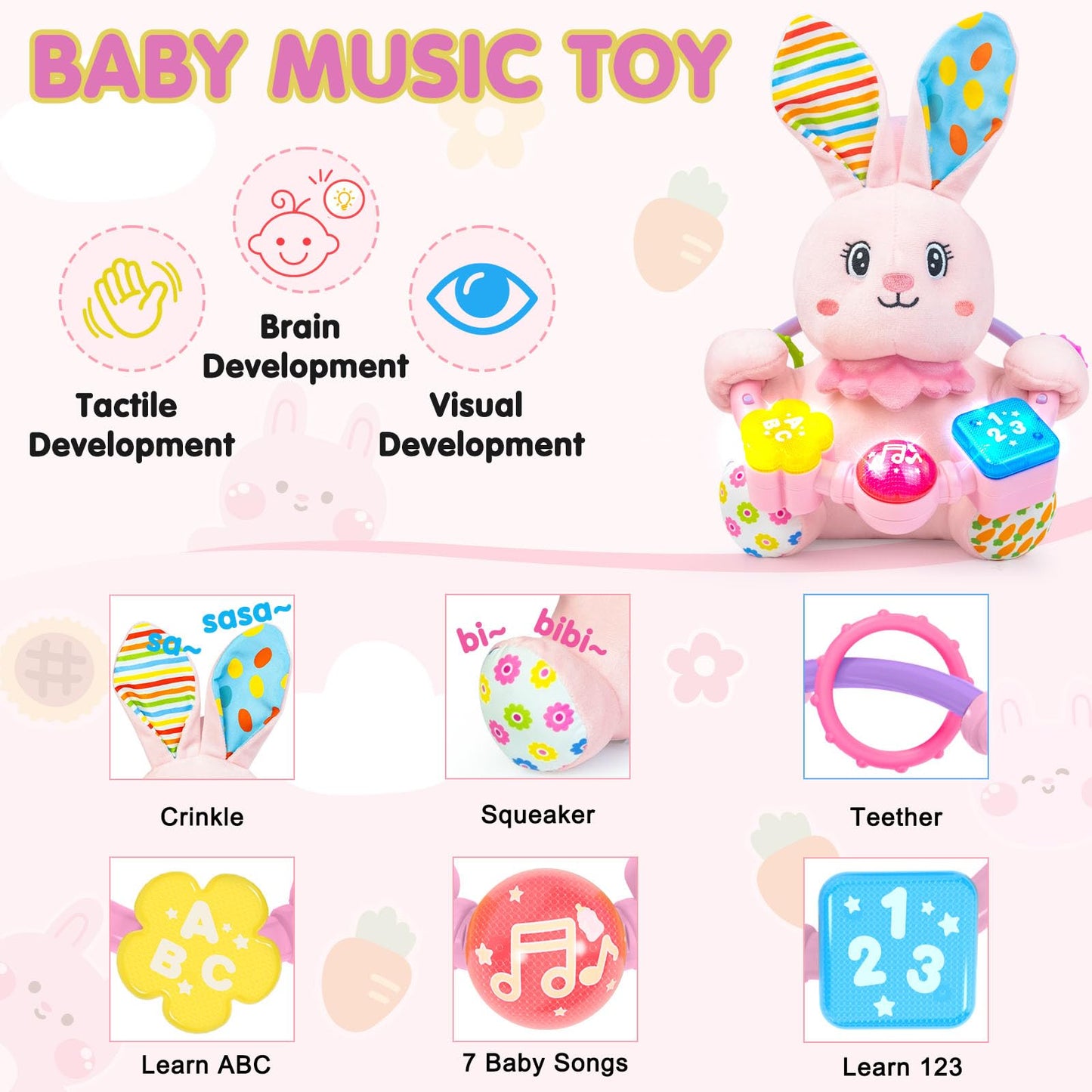 Ryotagift Baby Bilingual Musical Rabbit Stuffed Animals Toys,Infant Early Learning Toys With Light-Up Music & Crinkle,Tummy Time