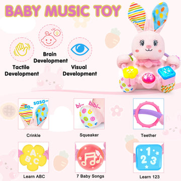 Ryotagift Baby Bilingual Musical Rabbit Stuffed Animals Toys,Infant Early Learning Toys With Light-Up Music & Crinkle,Tummy Time