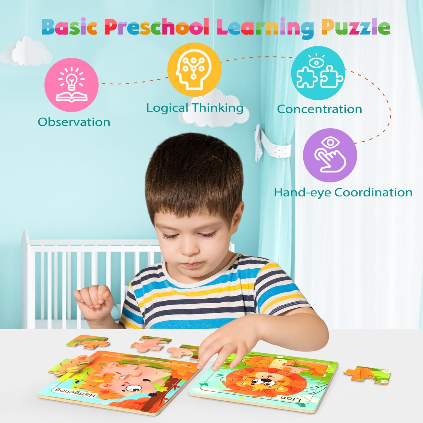 Zeoddler Wooden Puzzles For Toddlers, 8 Pack Animal Jigsaw Puzzles For Kids3-5, 9 Pieces Preschool Learning Activities, Learning & Educational Toys, Gift For Boys, Girls