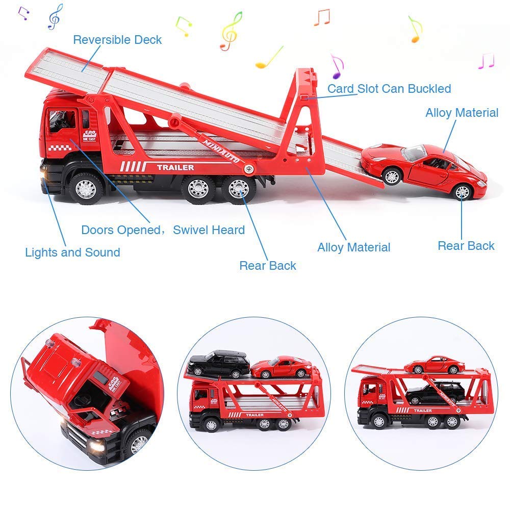 Winrayk 4Pcs Tow Truck Toys With Mini Toy Cars Set Pull Back Cars With Lights And Sound Trailer Transporter Vehicles Truck Toy,