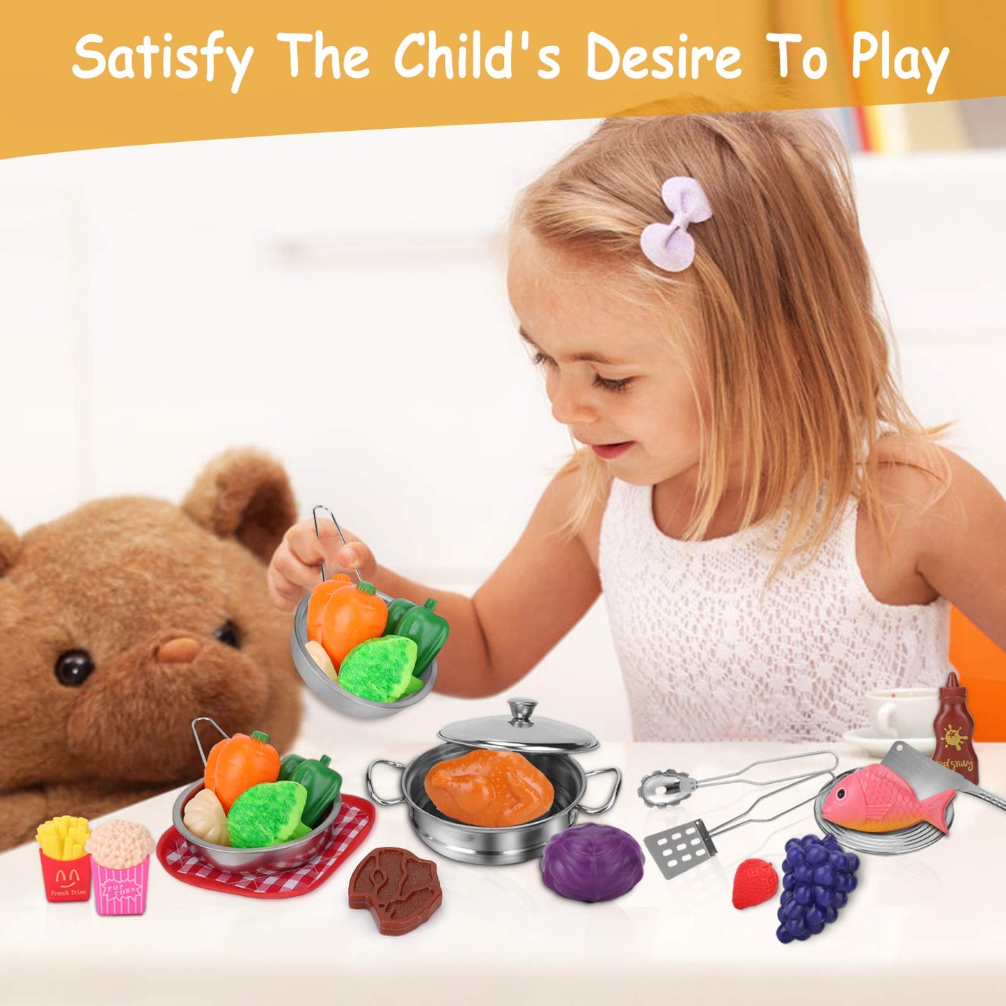 Play Food Sets for Kids Kitchen, Play Kitchen Accessories 46Pcs, Stainless Steel Cookware Pots and Pans Set with CuteApron, Cutt