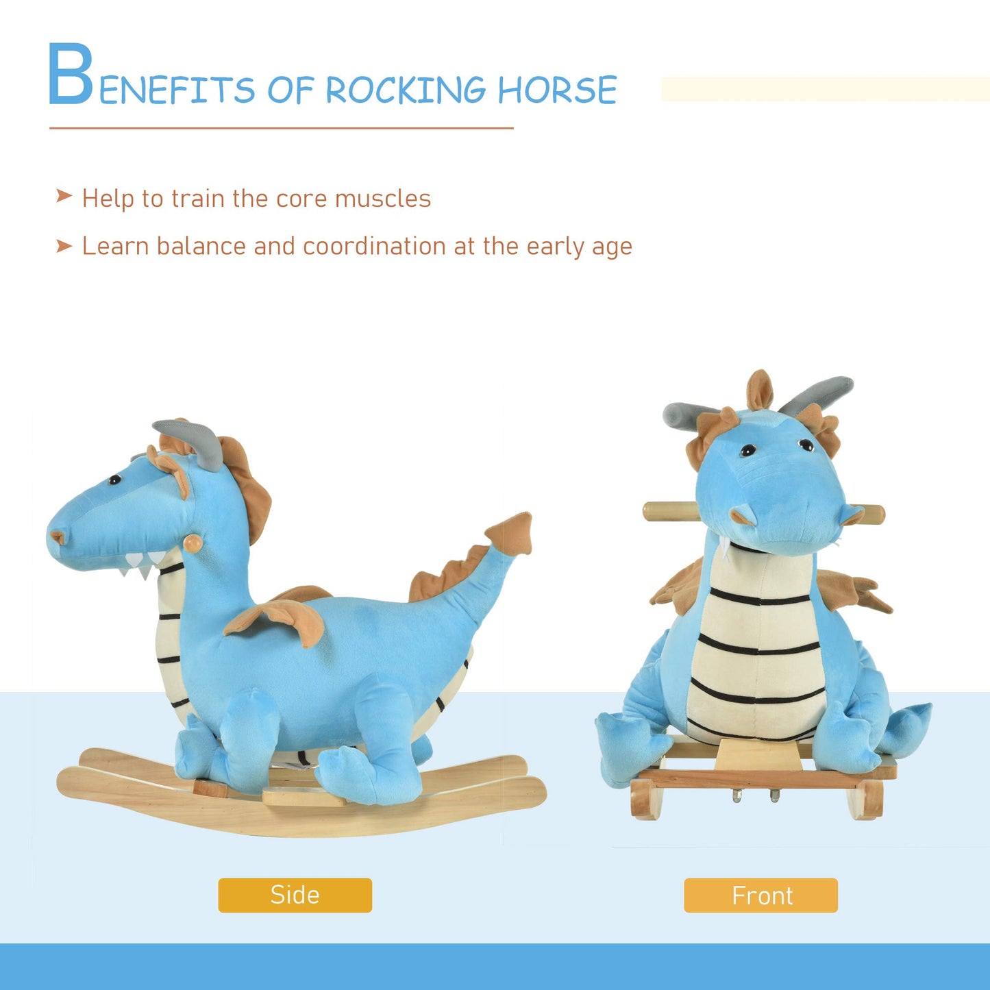 Qaba Kids Plush Ride-On Rocking Horse Toy Dinosaur Ride Rocking Chair With Realistic Sounds For18-36 Months, Blue
