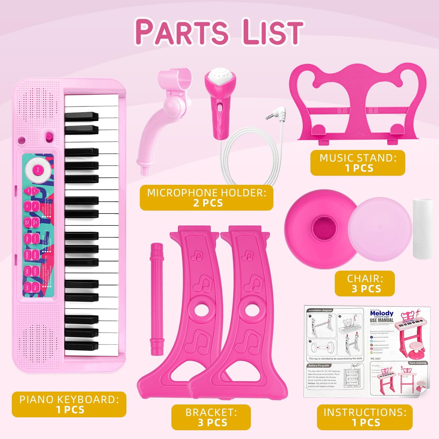 Amy&Benton Birthday Gift For 3 4 5 6 7 Year Old Girls Piano Toy With Stood For Girls 3-5 Pink Music Keyboard Toy 37 Keys With Chair