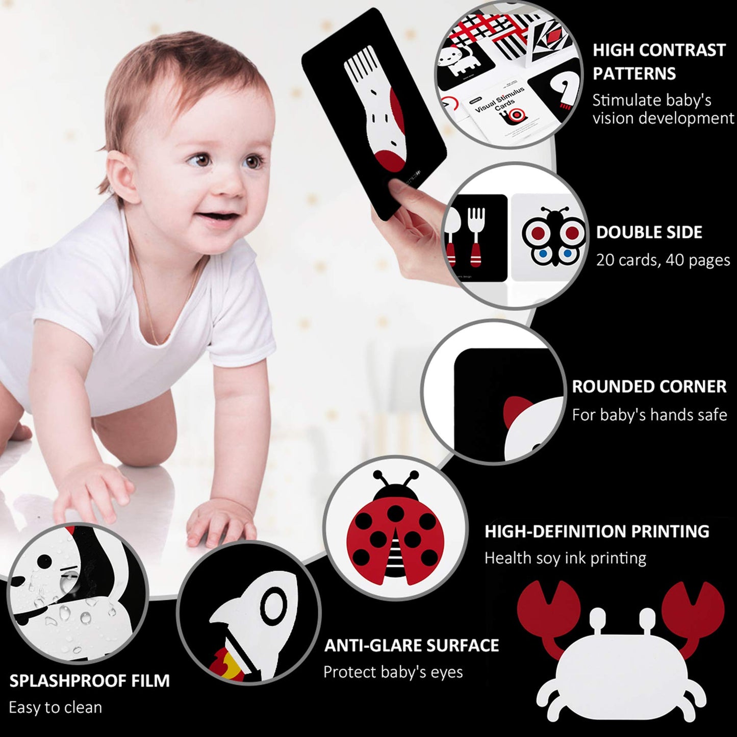 Beiens High Contrast Baby Flashcards, Newborn Brain Development Toys, Visual Stimulation Learning Activity Cards, 20 Pcs 40 Pages Educational Infants Gift (3-6 Months (Black & White & Color))