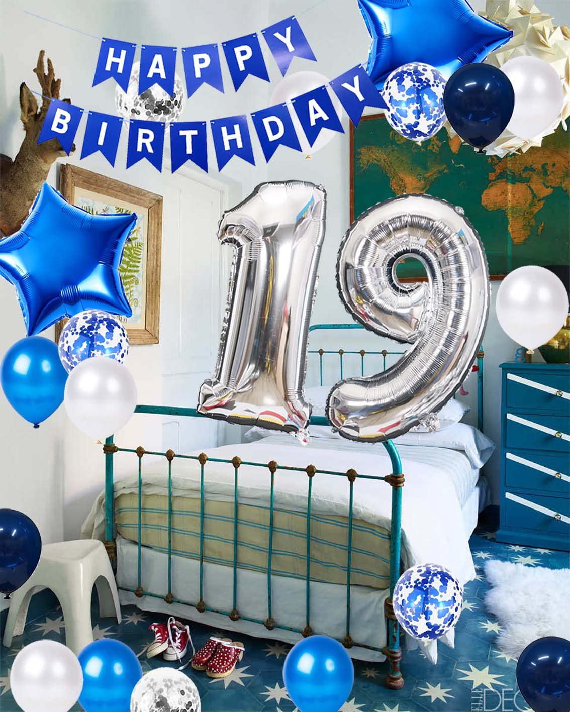 19Th Birthday Party Decoration For Boys, Happy Birthday Banner Blue Number 19 Birthday Balloons 19Th Birthday Latex Confetti Bal